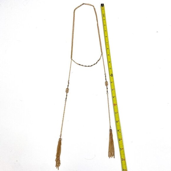 Gold Tone Gray Beaded Boho Choker Long Tassel Necklace Costume Jewelry - Picture 4 of 4